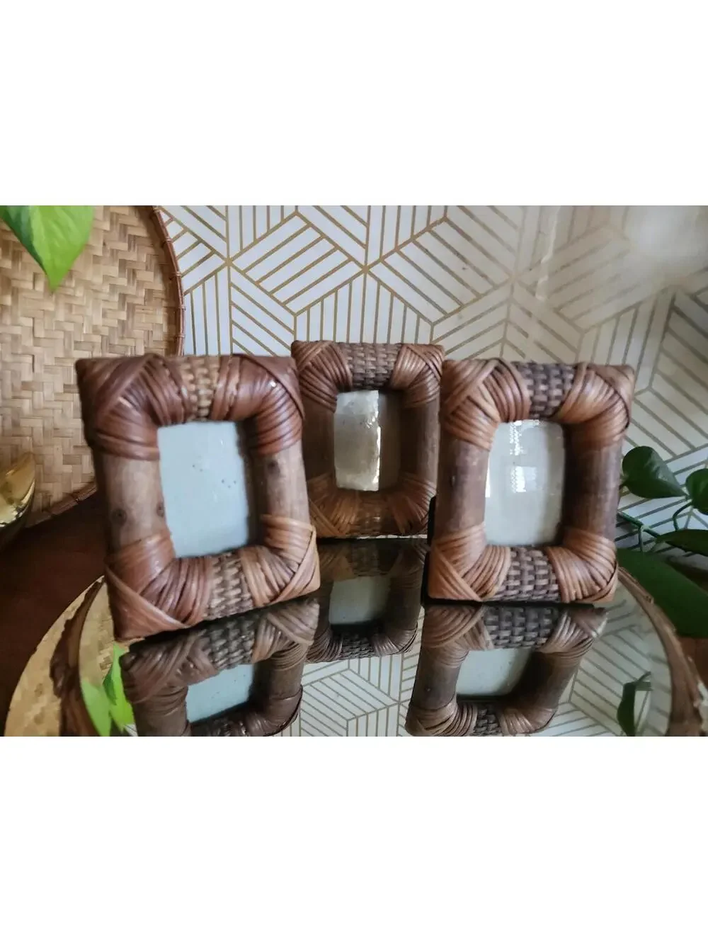 Vintage Set Of 3 Wicker And Bamboo Bohemian Photo Frames Tropical Decor 4x5